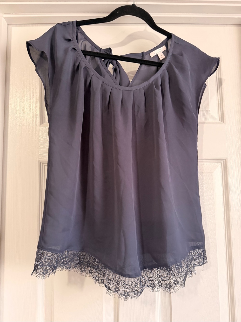 LC Lauren Conrad Slate Blue Cap-Sleeve Blouse with Lace Hem